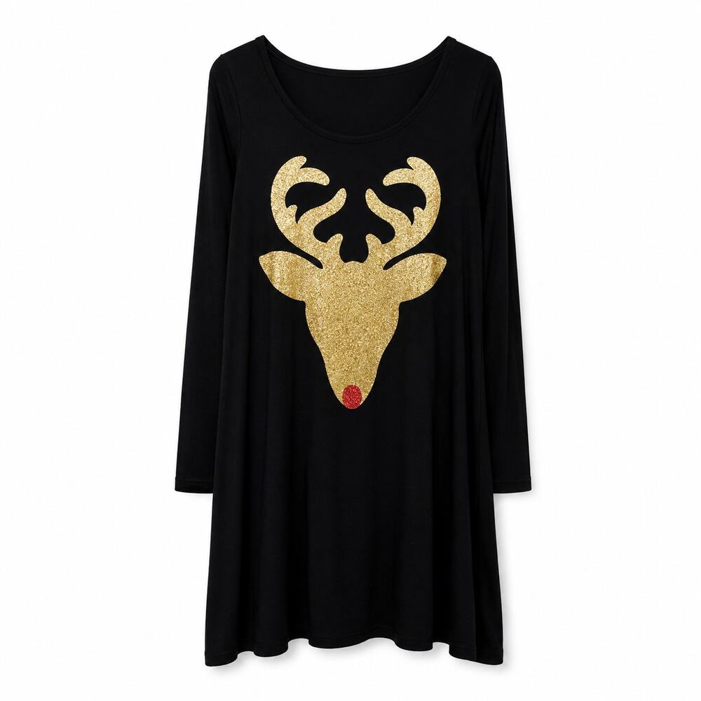12 Pm By Mon Ami Dress Rudolph Gold Glitter Black Swing Long Sleeve Small